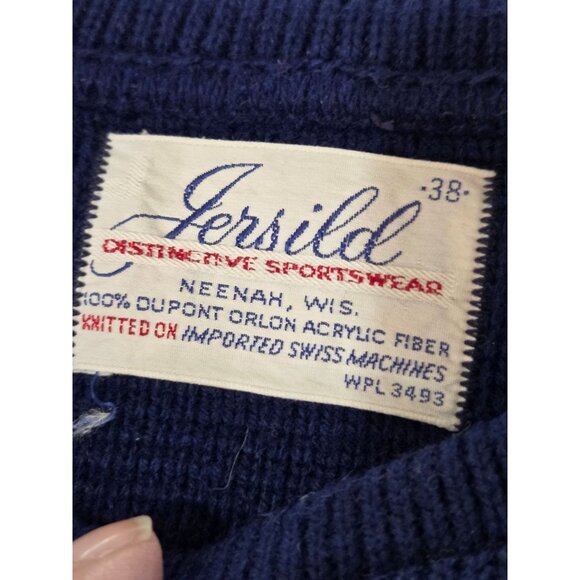 Vintage 80s Jersild Knit Crewneck Sweater Size 38 Navy Red Yellow Stripes Preppy - Picture 7 of 7